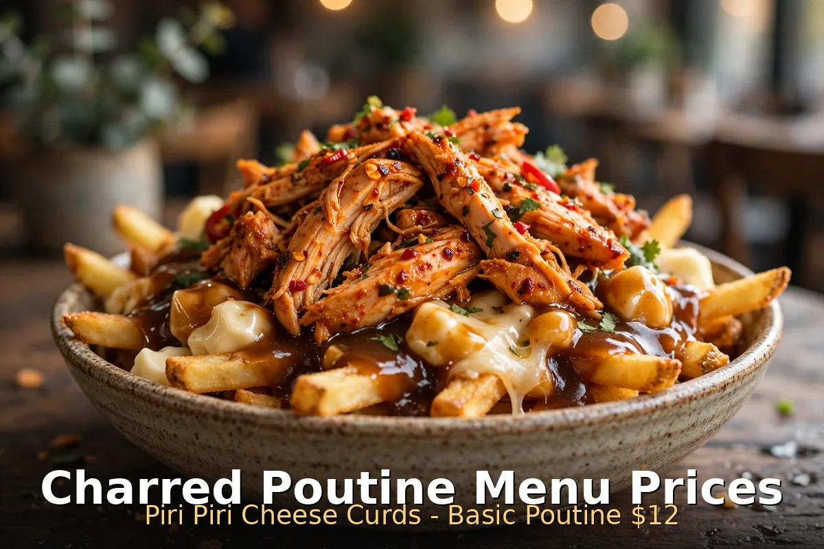 Charred Rotisserie House poutine with piri piri cheese curds and gravy, charred poutine menu prices canada