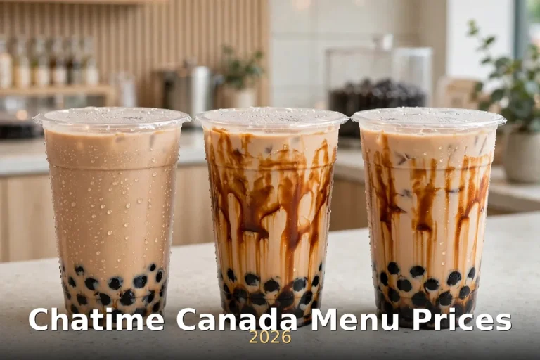 Chatime Canada menu prices 2026: bubble tea cups with tapioca pearls and brown sugar swirl