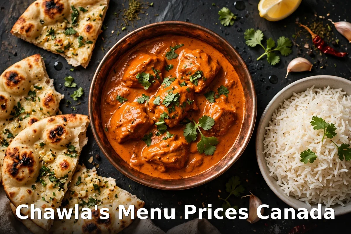 AI photo of butter chicken at Chawla's with Chawla's Menu Prices Canada text overlay, chawla's menu prices canada 2026