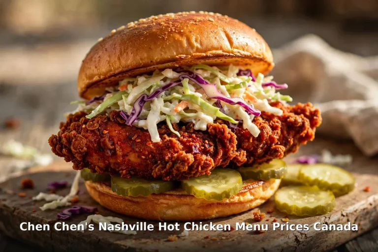 AI-generated Nashville hot chicken sandwich photo with PIL text overlay, chen chens nashville hot chicken menu prices canada 2026