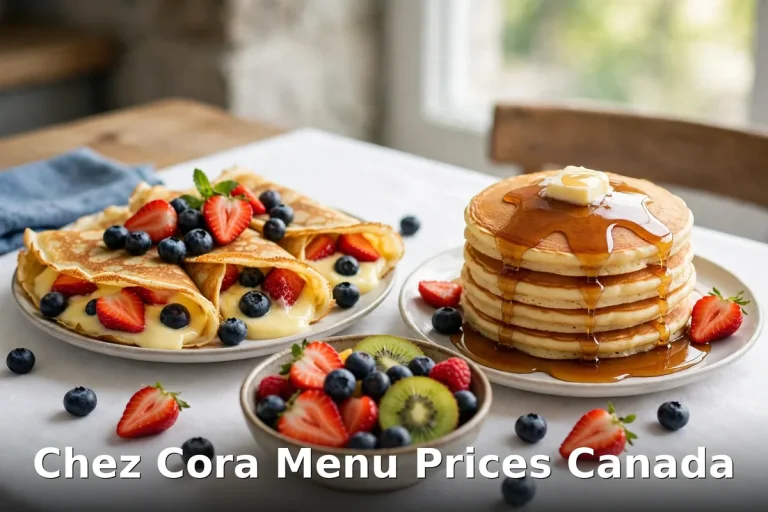 Chez Cora menu prices Canada - AI-generated crepe and pancake breakfast spread with fresh fruit, chez cora menu prices