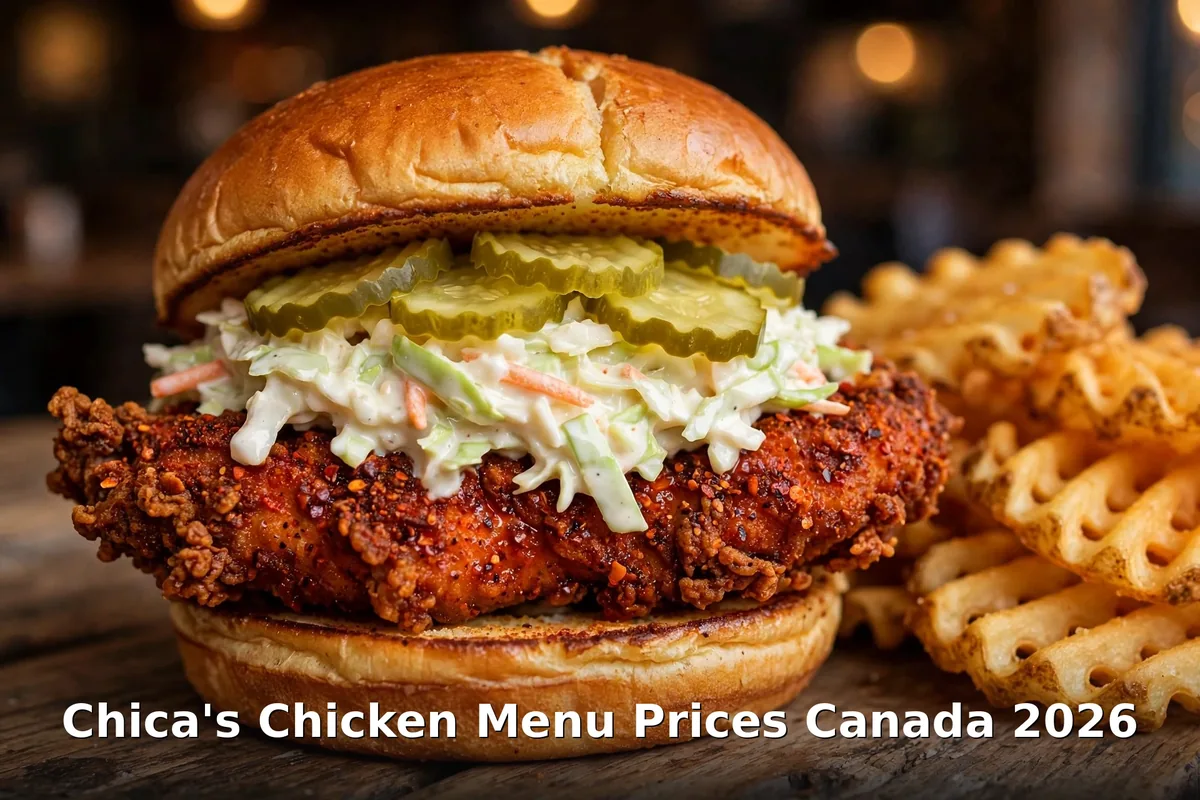 Chica's Chicken menu prices Canada 2026: Nashville hot chicken sandwich with waffle fries