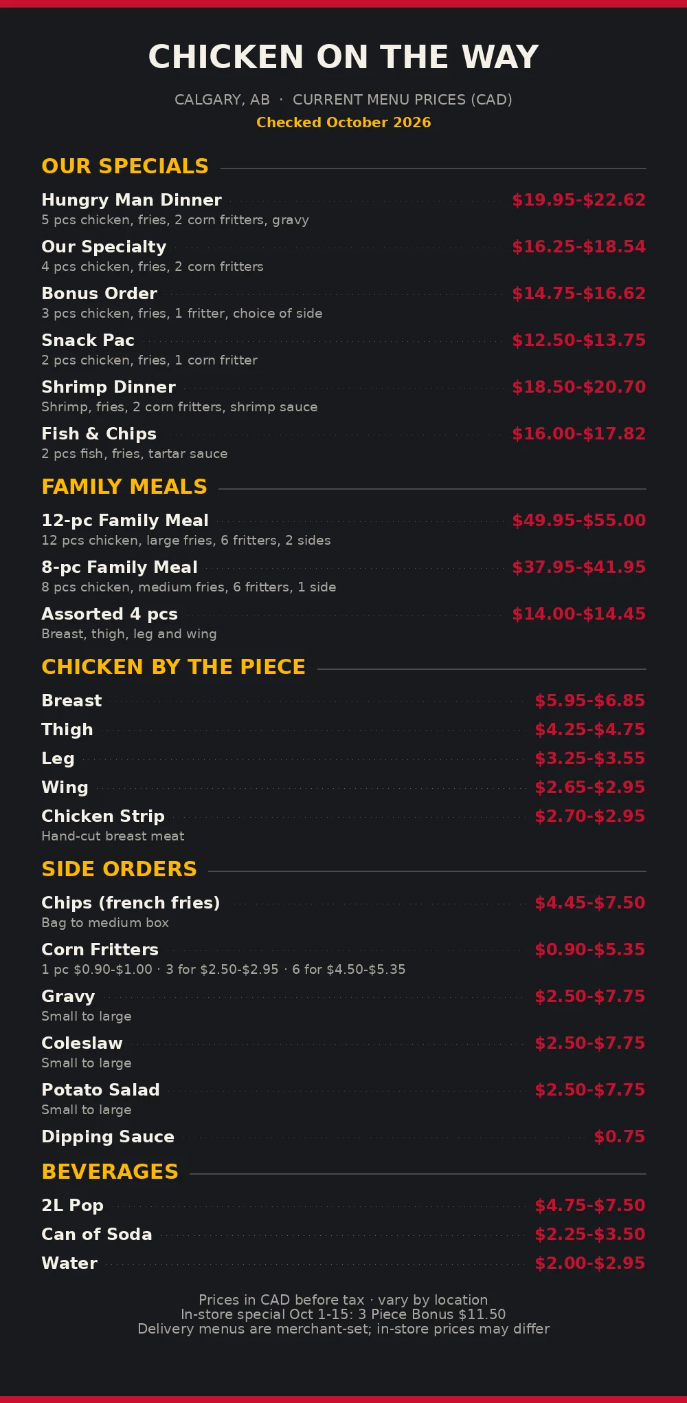 Chicken on the way menu prices Canada official menu card with chicken specials prices