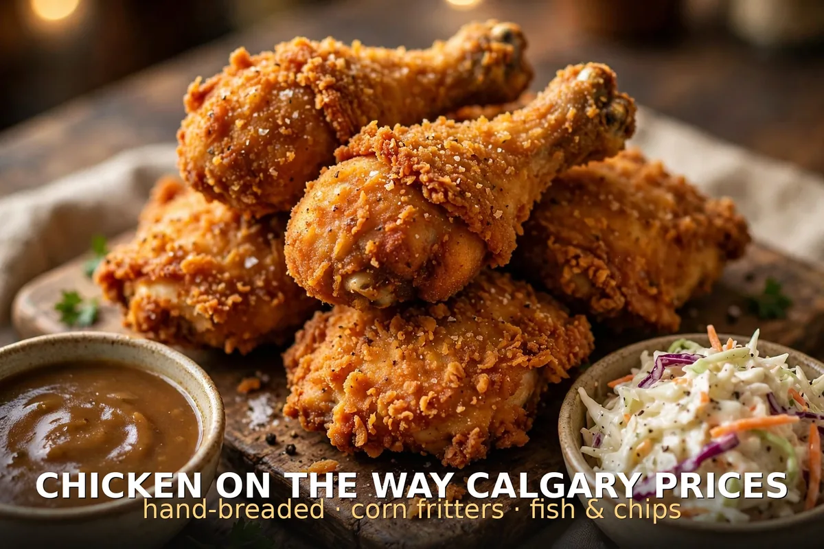 Crispy golden fried chicken pieces with gravy and coleslaw, chicken on the way menu prices canada