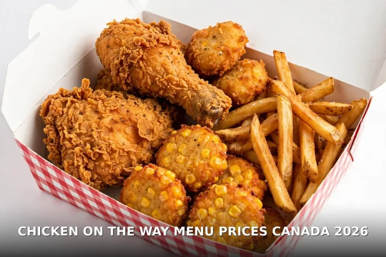 Chicken on the way menu prices Canada 2026: golden hand-breaded fried chicken takeout box with fries and corn fritters