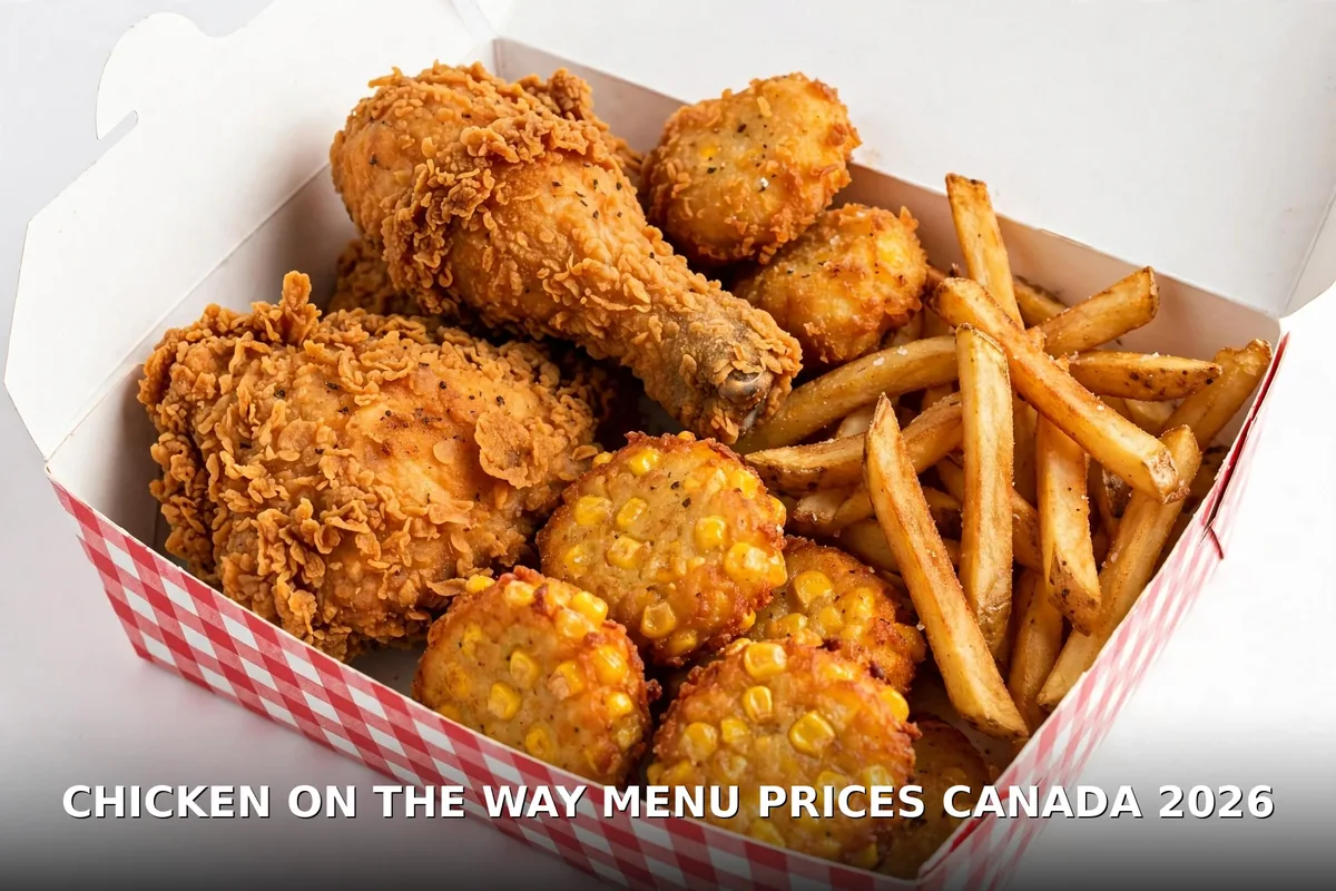 Chicken on the way menu prices Canada 2026: golden hand-breaded fried chicken takeout box with fries and corn fritters