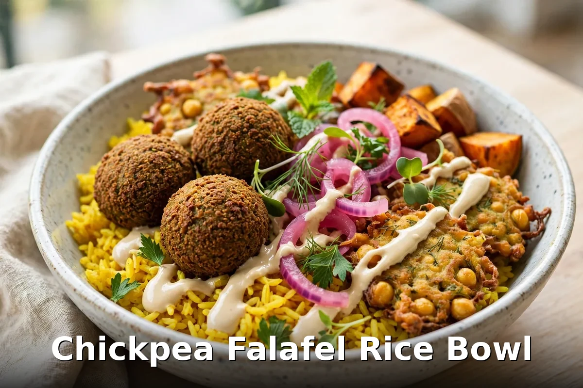 Chickpea falafel rice bowl - vegan Mediterranean bowl with tahini, chickpea menu prices canada
