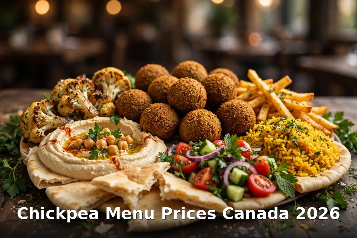 Chickpea menu prices Canada 2026 - vegan Israeli falafel platter, hummus and rice bowls at the Vancouver restaurant