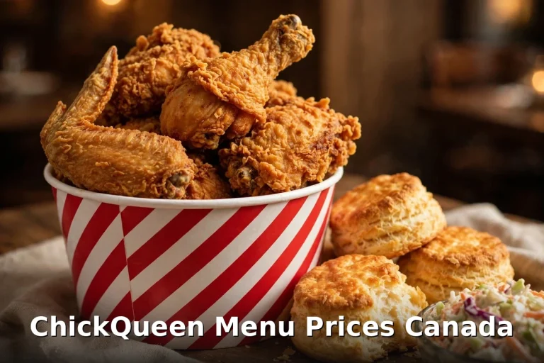 AI-generated crispy fried chicken bucket photo with PIL text overlay, chickqueen menu prices canada 2026