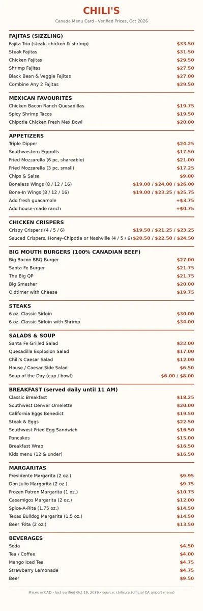 Chili's Canada menu prices: current Canadian menu card with fajitas, appetizers, burgers, steaks and margaritas