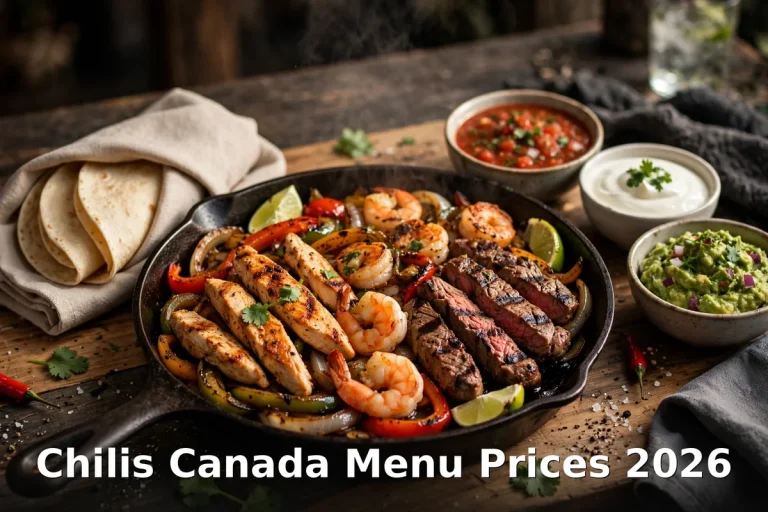 Chili's Canada Menu Prices 2026: sizzling fajita platter with peppers, onions and warm tortillas on a restaurant table