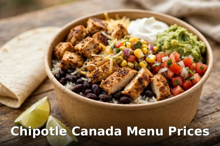 Chipotle Canada menu prices 2026: chicken burrito bowl with black beans, corn salsa, guacamole and sour cream