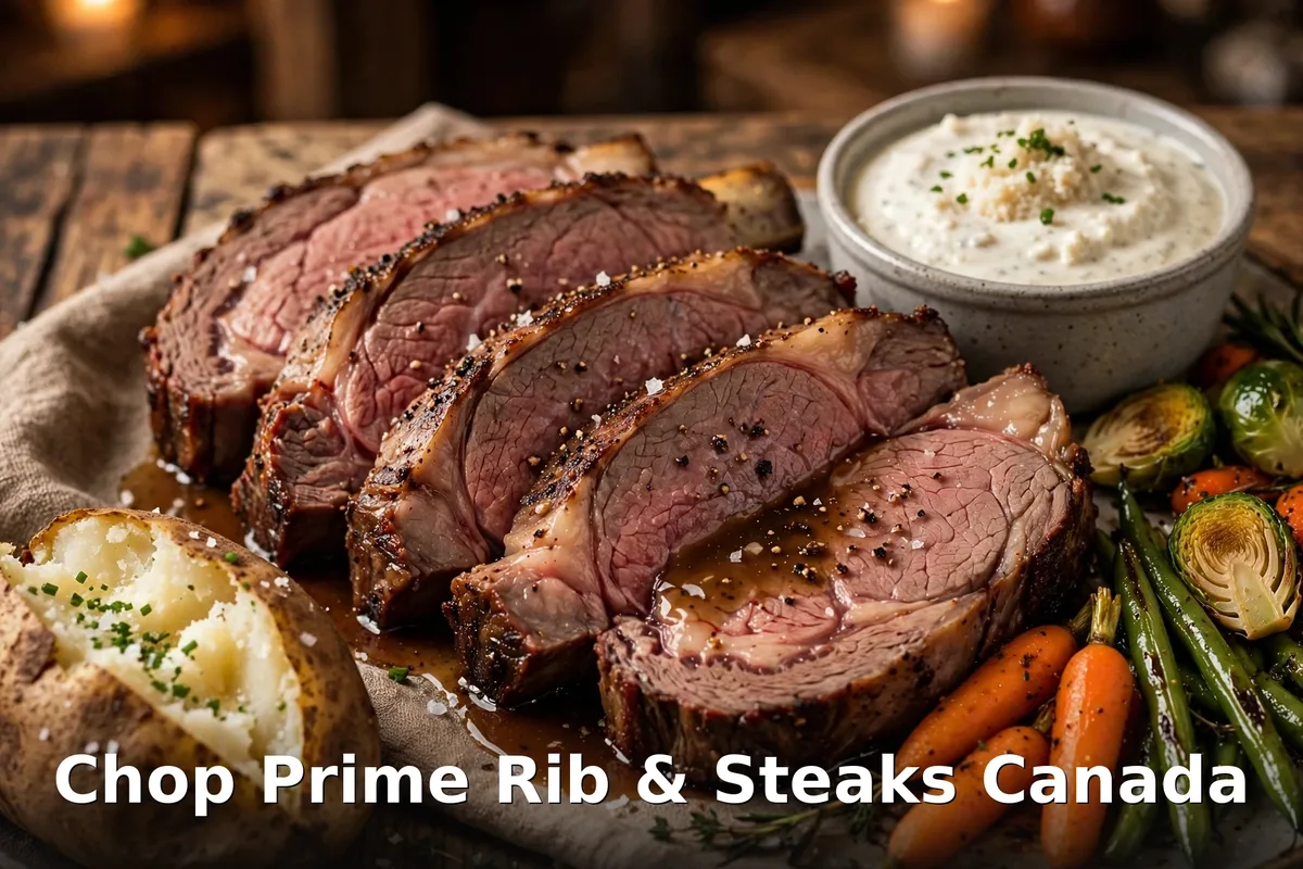 Chop steakhouse bar prime rib prices: slow-roasted prime rib slices with vegetables and 'Chop Prime Rib & Steaks Canada' text overlay