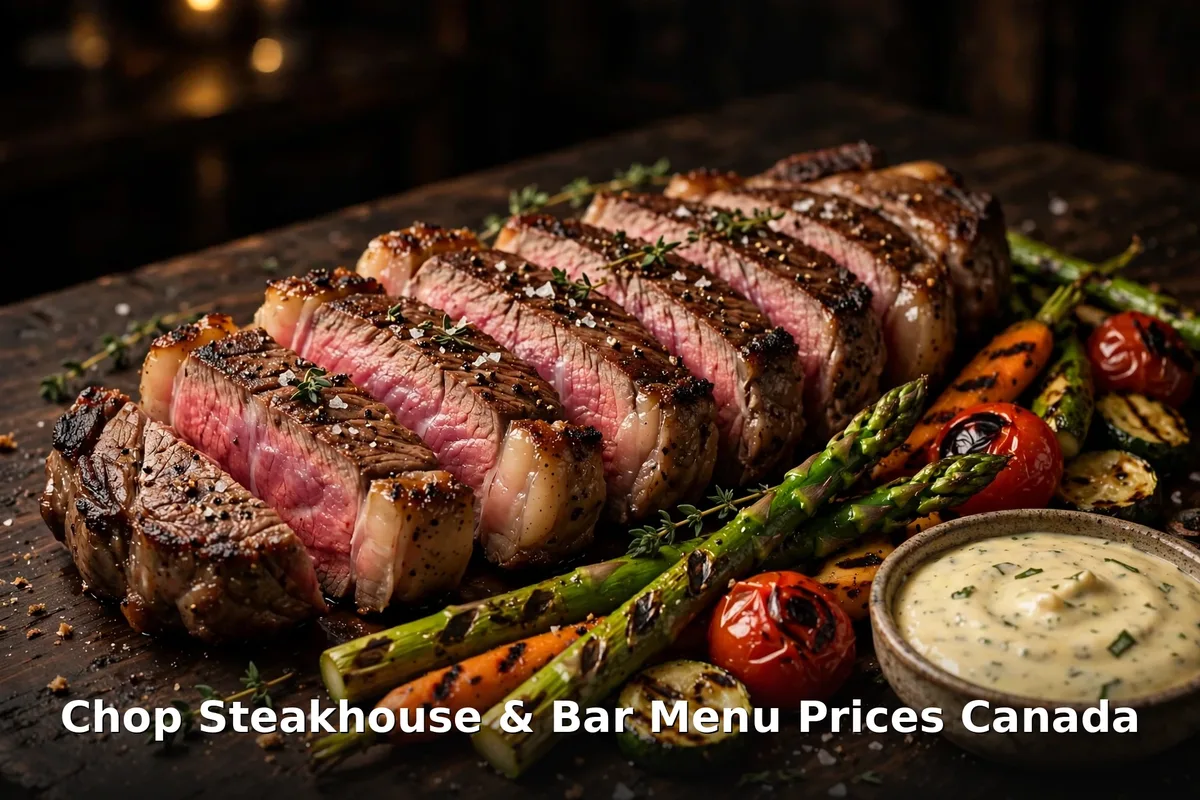Chop Steakhouse & Bar menu prices Canada 2026: sliced grilled steak dinner with roasted vegetables and PIL text overlay "Chop Steakhouse & Bar Menu Prices Canada"