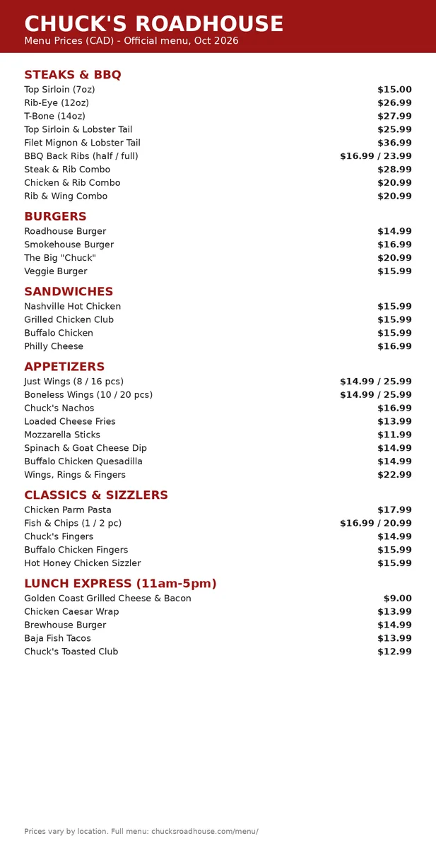 Chuck's Roadhouse official menu card 2026, chuck's roadhouse menu prices canada