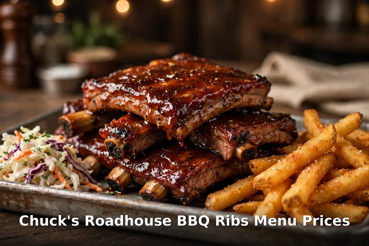 Glazed BBQ back ribs with fries and coleslaw, chuck's roadhouse bbq ribs menu prices