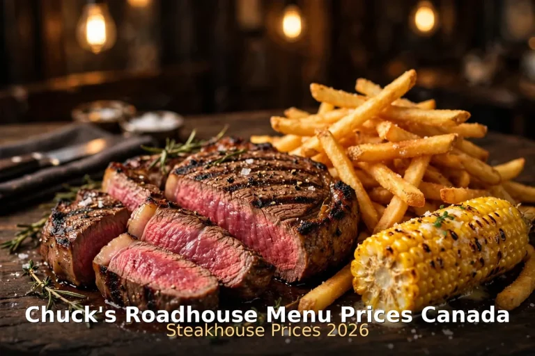 Grilled steak slices with fries and corn, chuck's roadhouse menu prices canada
