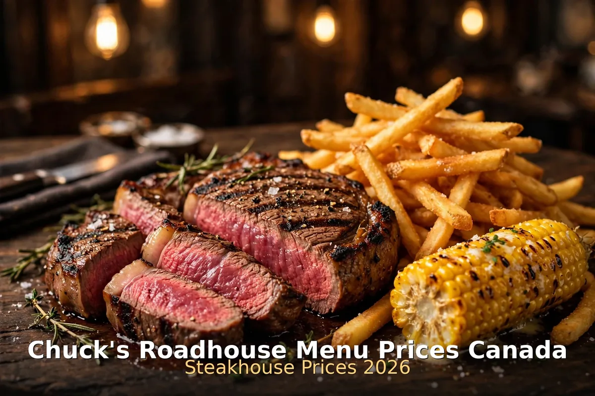 Grilled steak slices with fries and corn, chuck's roadhouse menu prices canada