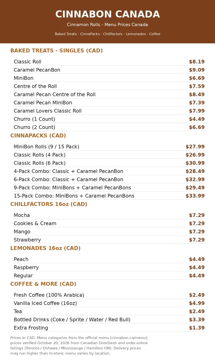 Cinnabon menu card with current Canadian cinnamon roll prices, cinnabon menu prices canada