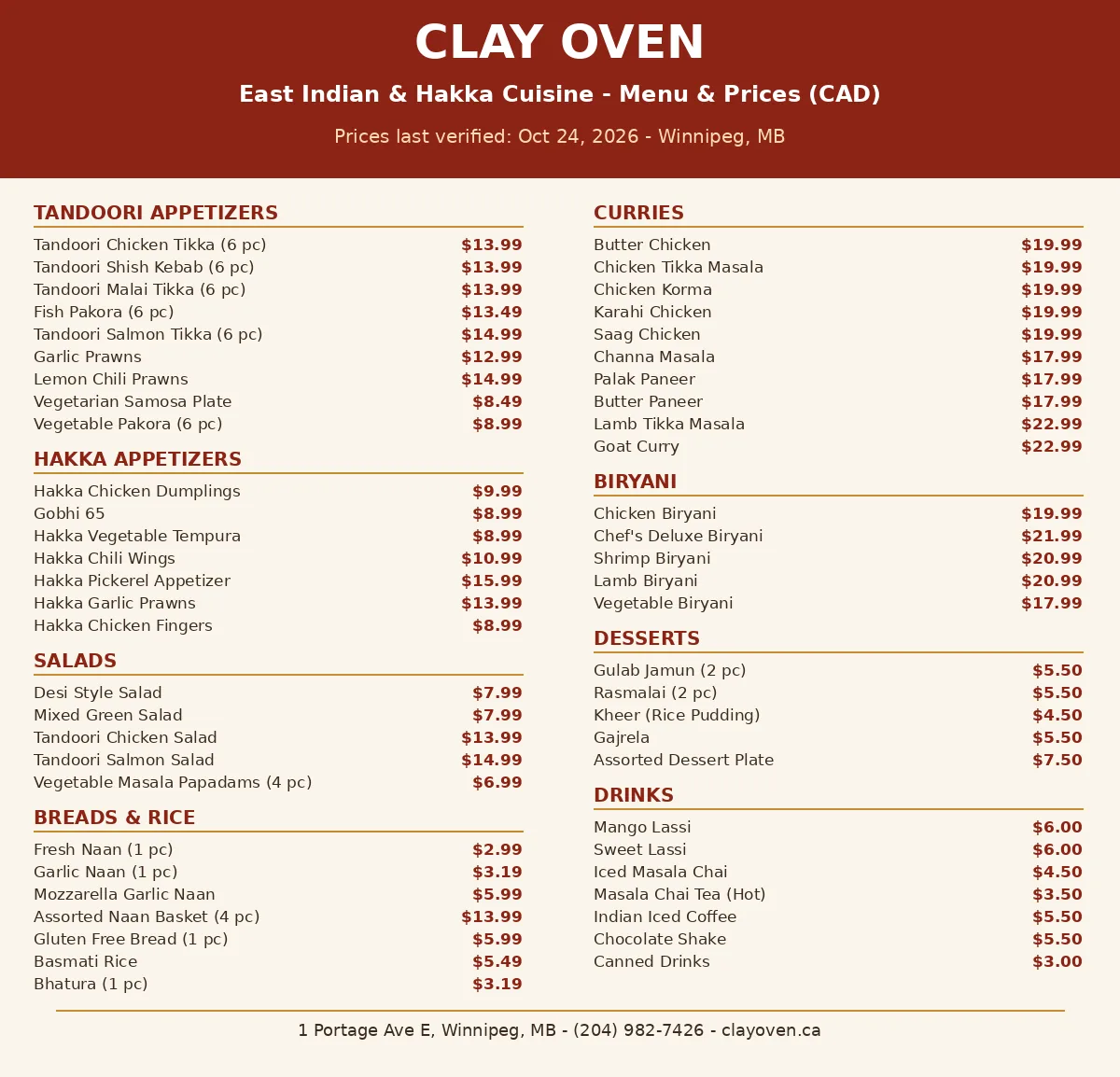 Clay Oven menu prices Canada, current menu card with tandoori, curry and hakka prices in CAD