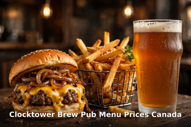 Clocktower Brew Pub menu prices Canada 2026: burger, fries and a pint of craft beer on a dark pub table