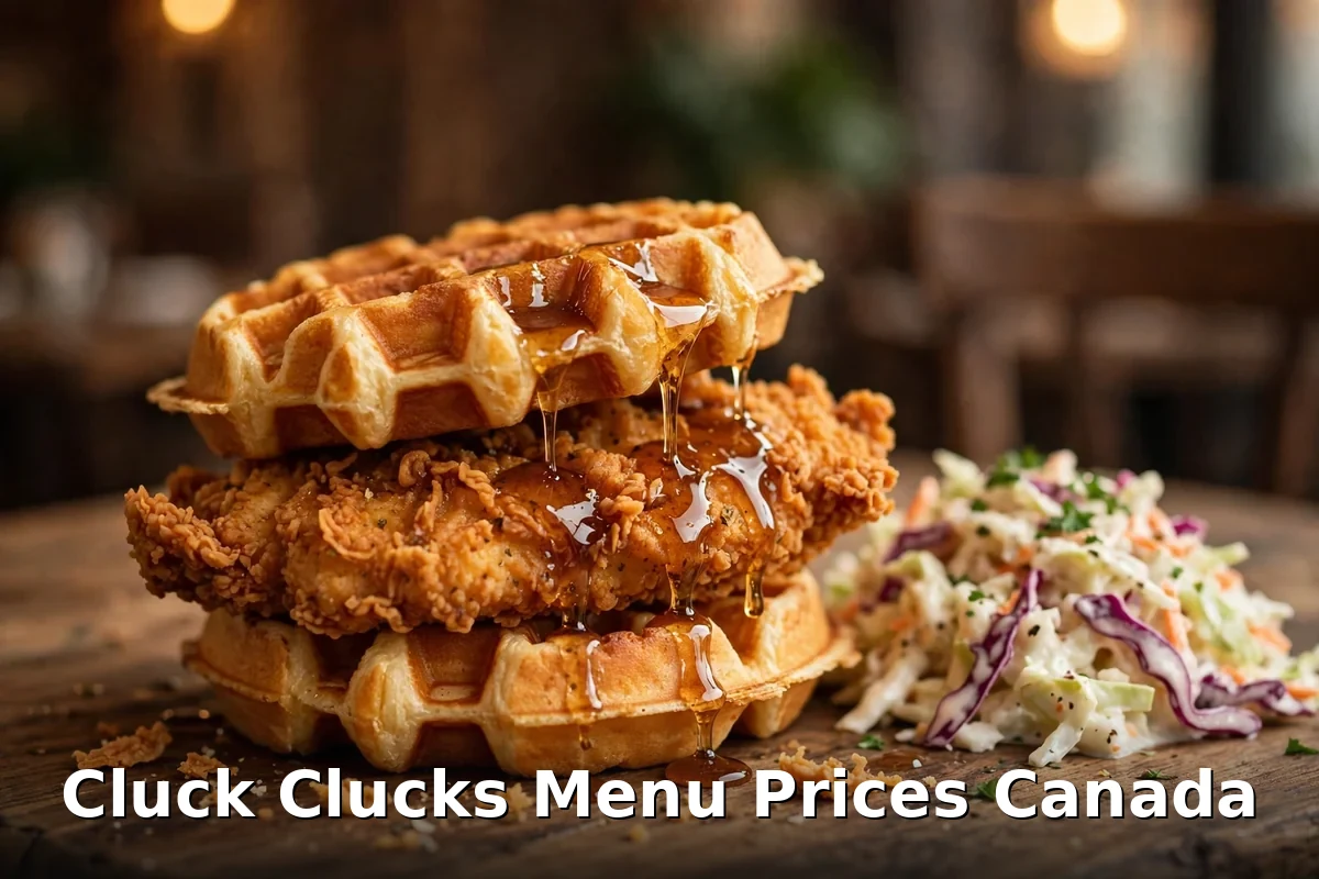 Cluck Clucks Menu Prices Canada 2026, AI chicken-and-waffles photo with keyword text overlay