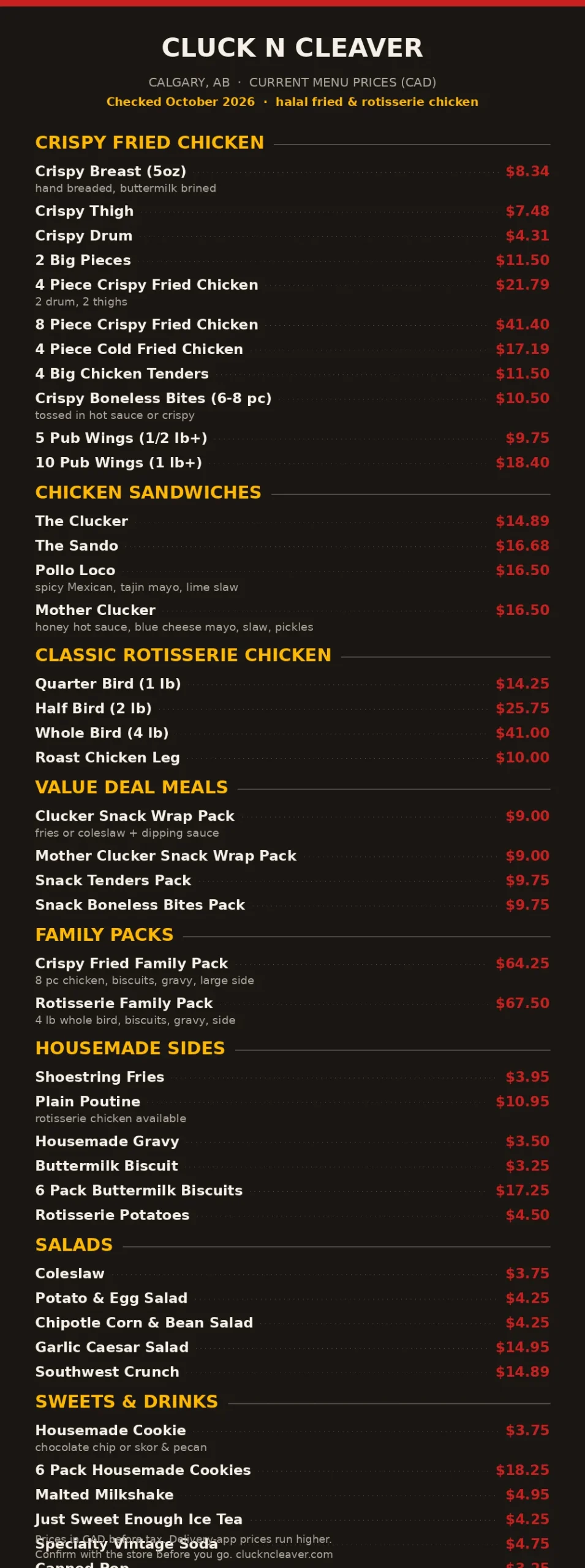 Cluck N Cleaver menu prices Canada 2026 official menu card with current CAD prices for fried chicken, sandwiches and rotisserie