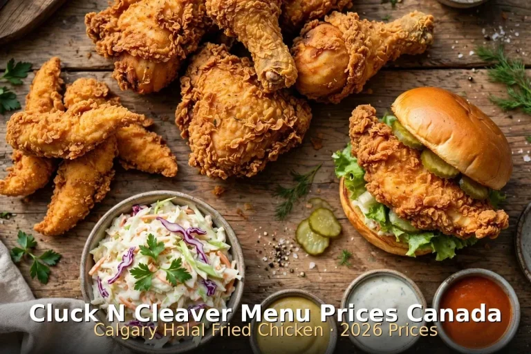 Cluck N Cleaver menu prices Canada 2026: crispy halal fried chicken with fries and dipping sauces