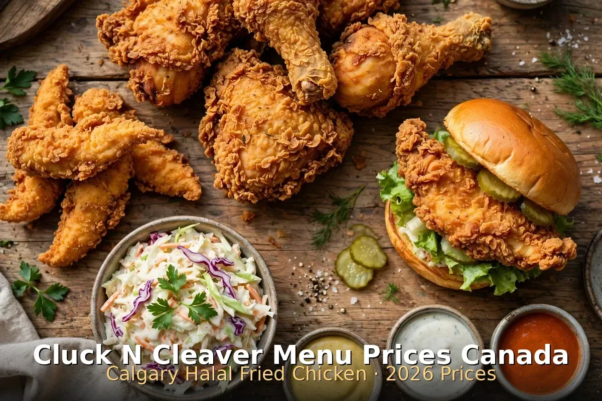 Cluck N Cleaver menu prices Canada 2026: crispy halal fried chicken with fries and dipping sauces