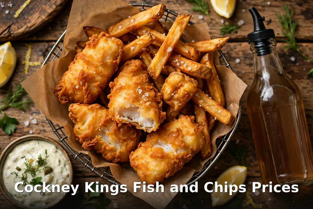 Cockney Kings fish and chips takeout basket with tartar sauce, cockney kings fish and chips prices