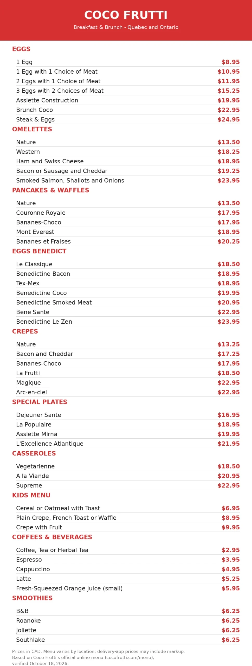 Coco Frutti menu prices Canada: full current breakfast menu card with CAD prices