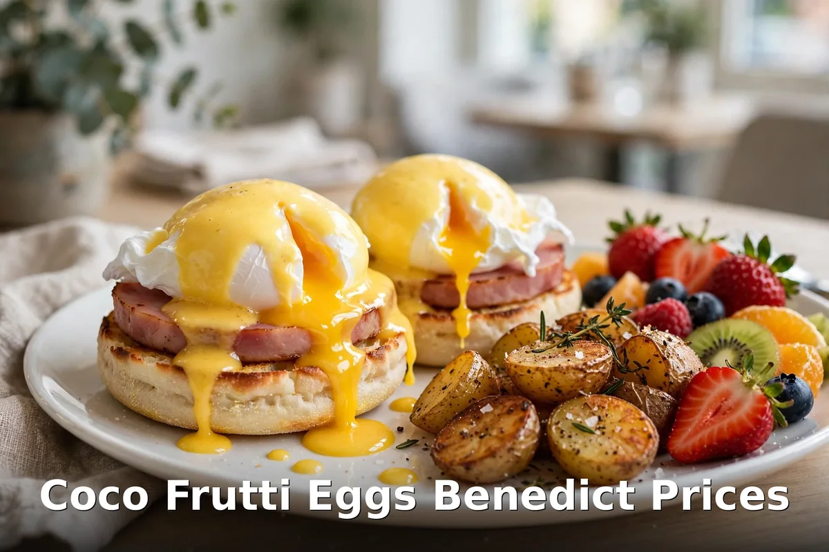 Coco Frutti eggs benedict prices: classic benedict with hollandaise, potatoes and fresh fruit