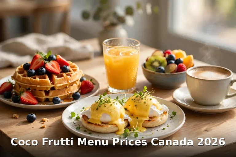 Coco Frutti menu prices Canada 2026: waffles with berries, fresh-squeezed orange juice and eggs benedict breakfast