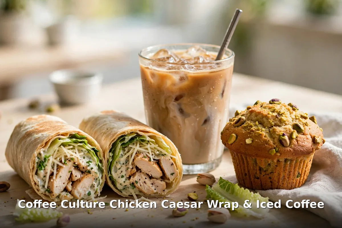 coffee culture menu prices: chicken caesar wrap with iced coffee and pistachio muffin at Coffee Culture