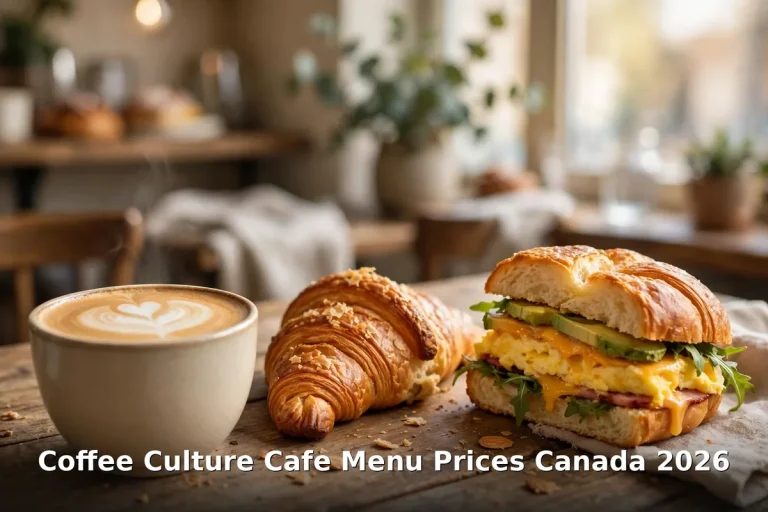 coffee culture menu prices canada 2026: latte with heart latte art, butter croissant and breakfast sandwich on a cafe table