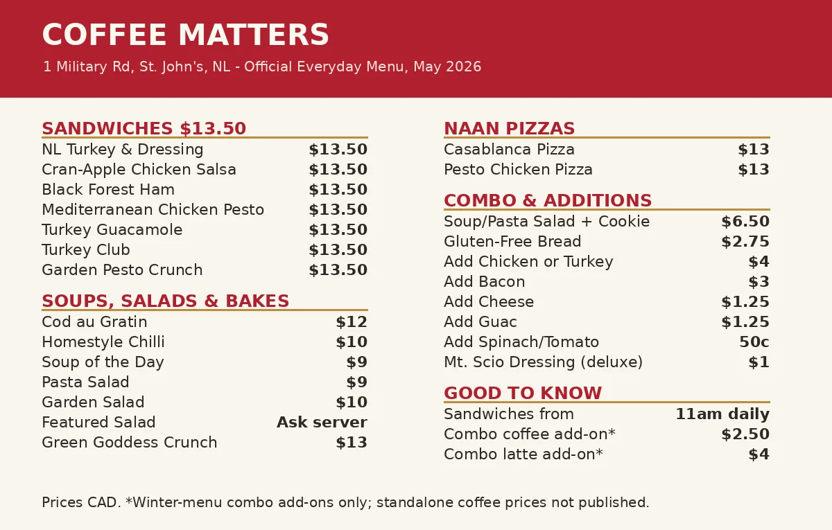 Coffee Matters menu prices Canada, current everyday menu card with sandwiches, soups, salads and naan pizzas in CAD