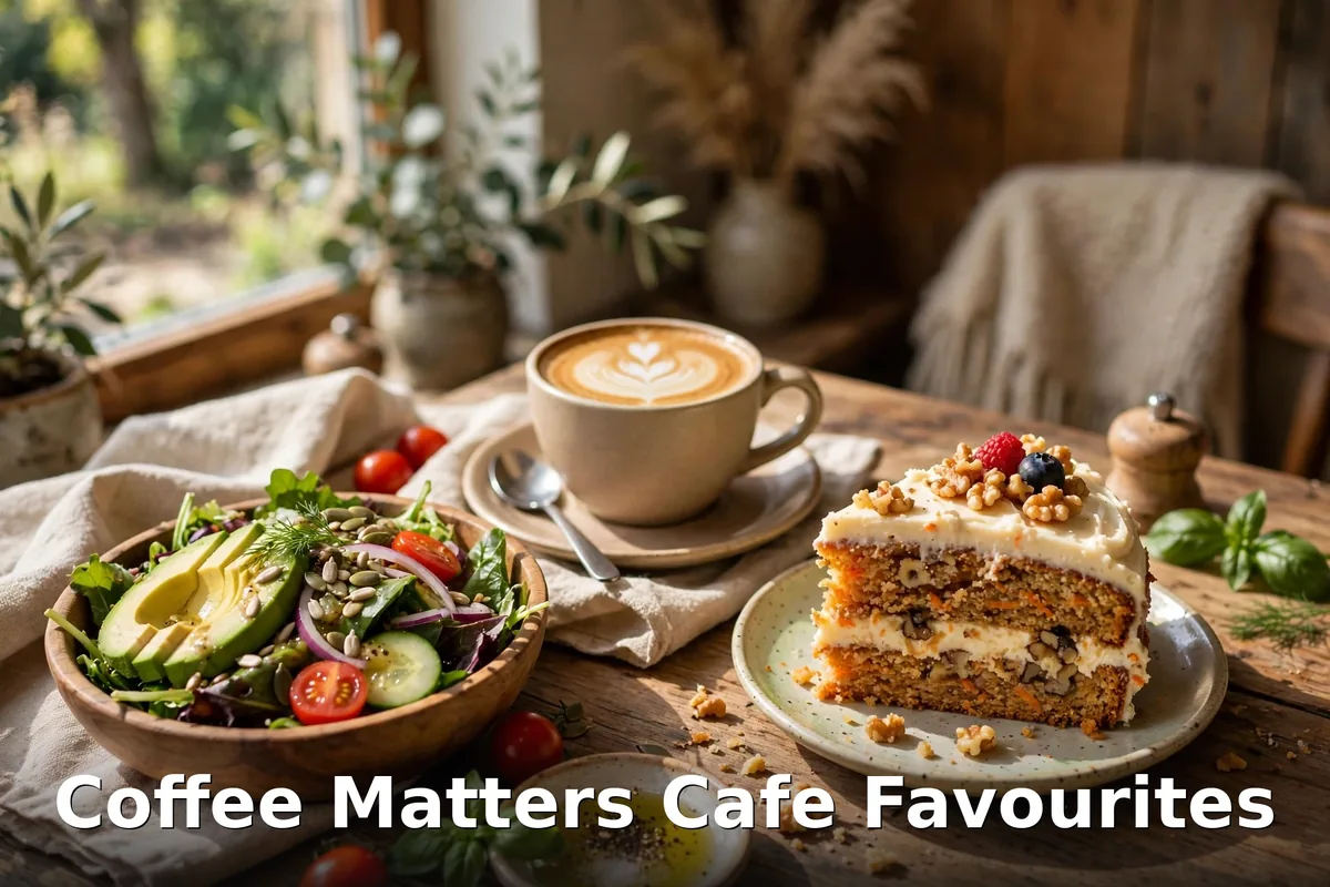 Coffee Matters cafe favourites in St. John's, latte, cake and salad, Coffee Matters menu prices Canada