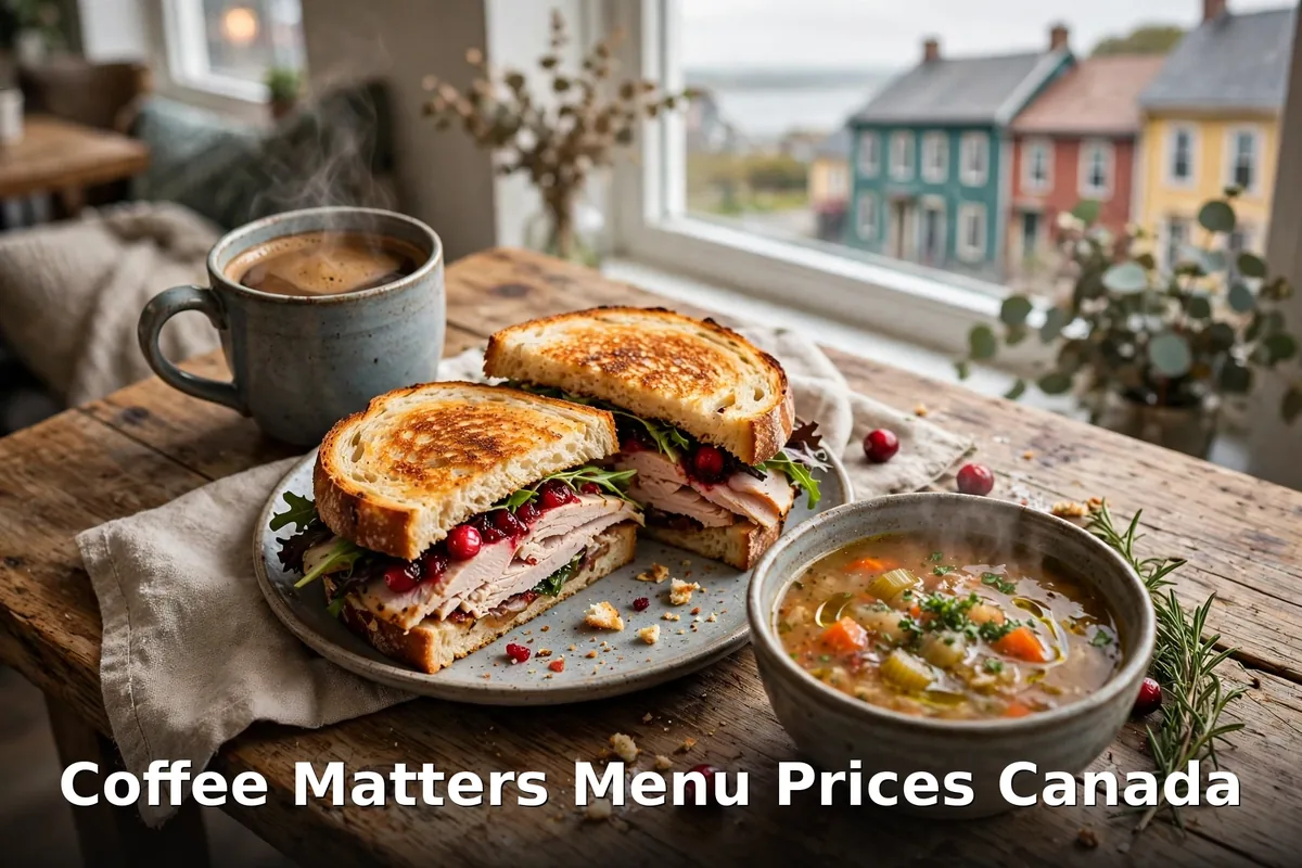 Coffee Matters menu prices Canada 2026, turkey sandwich, soup and coffee in a St. John's cafe
