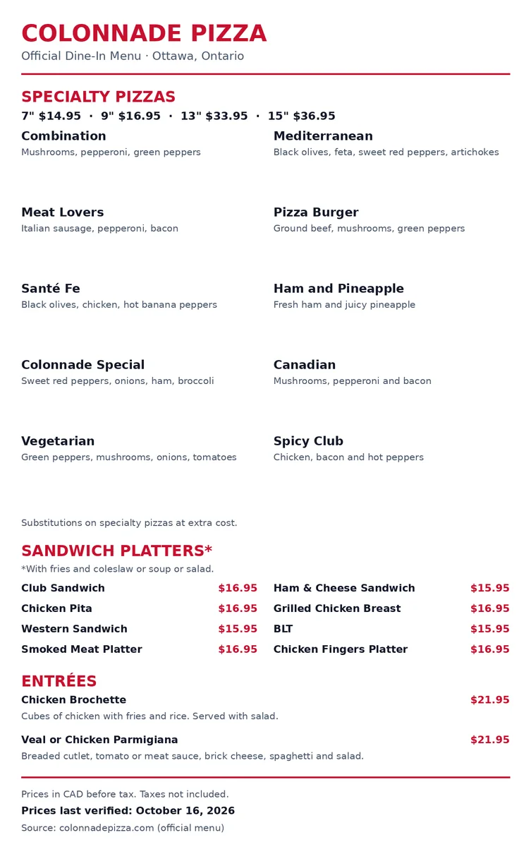 Colonnade Pizza official dine-in menu card with specialty pizza and sandwich platter prices in CAD, colonnade pizza menu prices canada