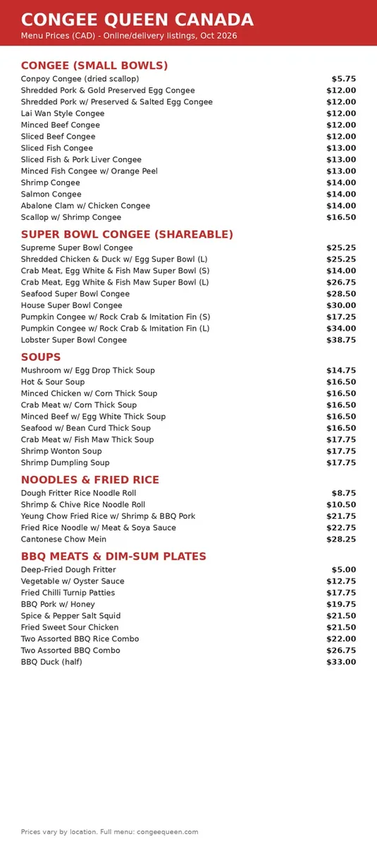 Congee Queen menu prices Canada: full current menu card with CAD prices