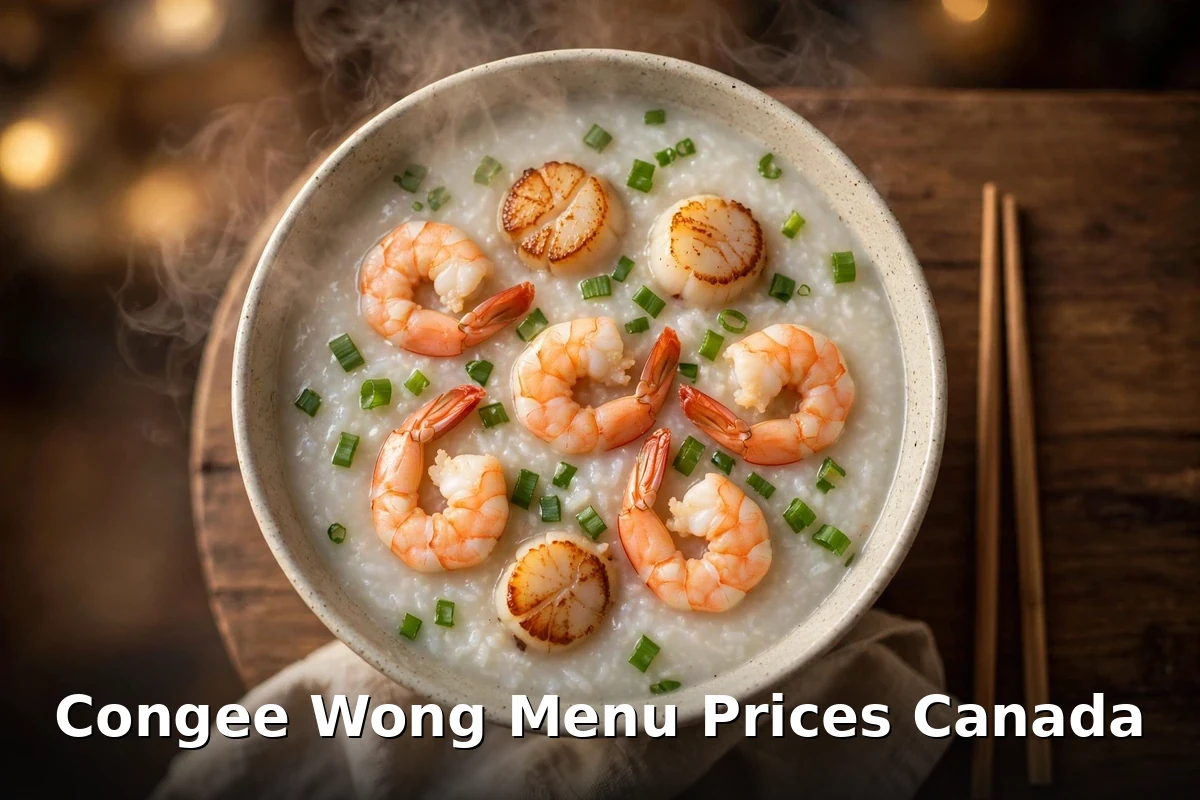 Congee Wong menu prices Canada 2026: shrimp and scallop congee bowl