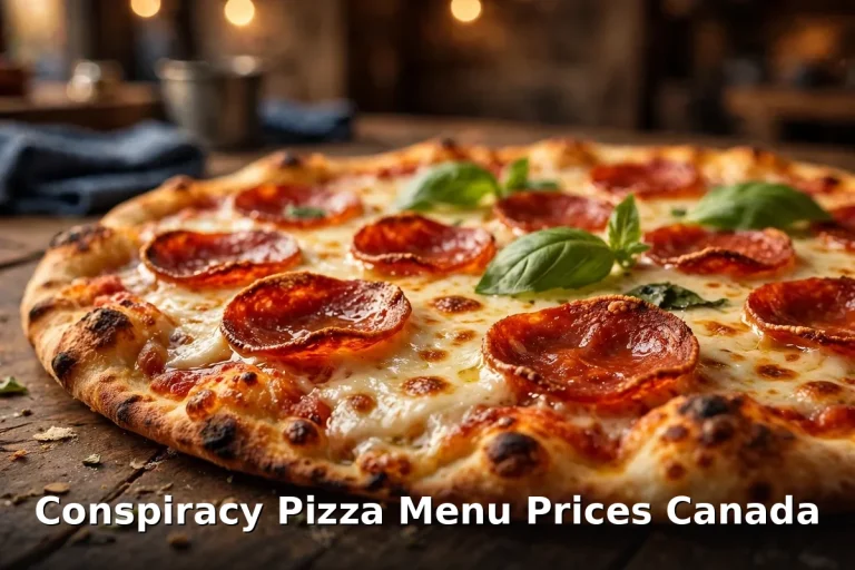 Conspiracy Pizza menu prices Canada 2026: thin-crust pepperoni pizza with crispy melted cheese and fresh basil