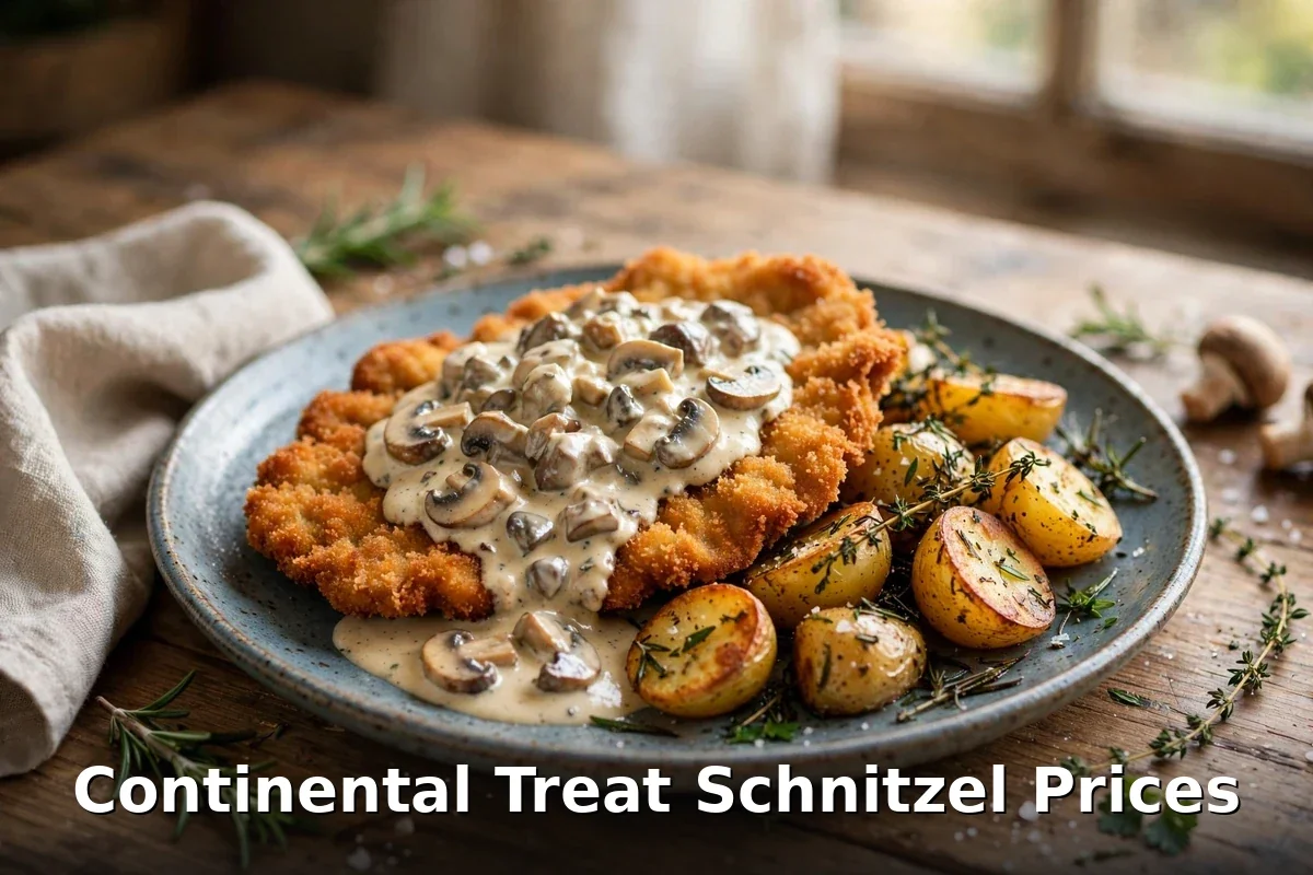 Continental Treat schnitzel prices: pork schnitzel with mushroom sauce and roasted potatoes