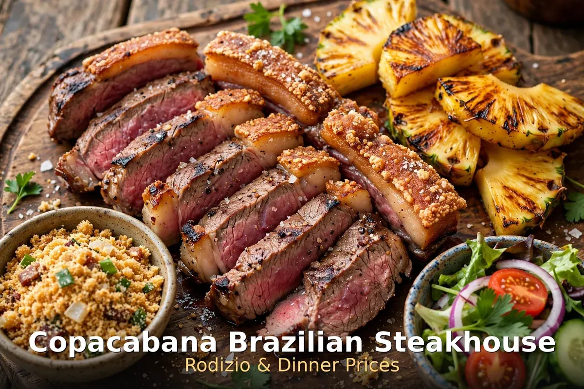 copacabana brazilian steakhouse rodizio and dinner prices, churrasco board with picanha, grilled pineapple, farofa and salad