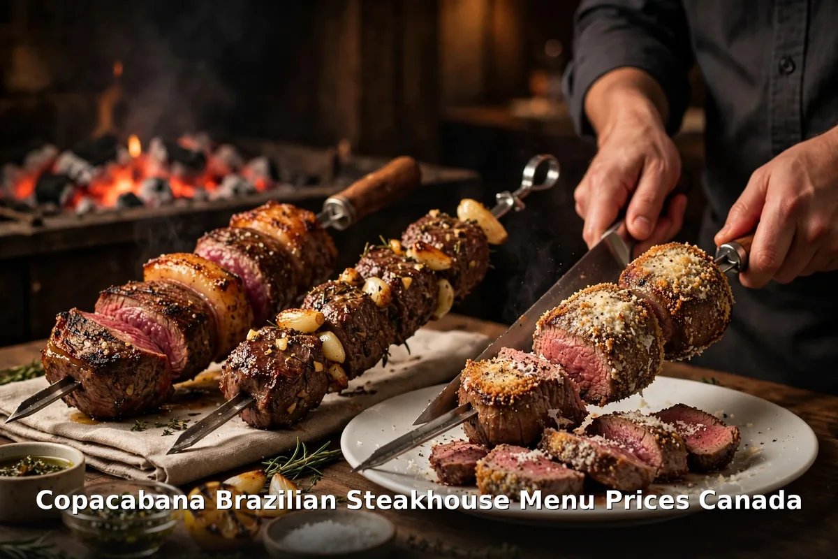 copacabana brazilian steakhouse menu prices Canada 2026: AI-generated churrasco skewers being carved tableside at the Toronto Eglinton rodizio