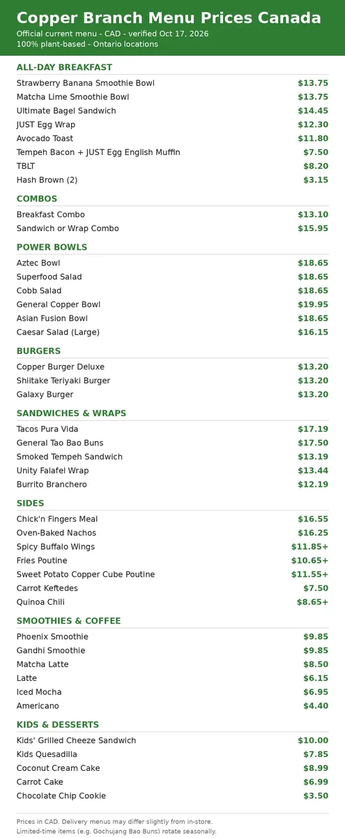 Copper Branch menu card with current Canadian prices