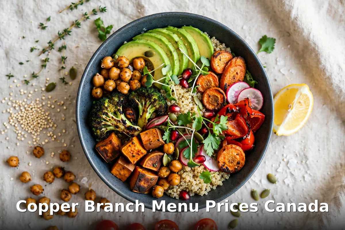 Vegan power bowl with avocado, chickpeas and roasted vegetables, copper branch menu prices canada