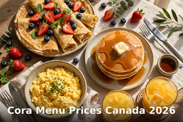 Cora menu prices Canada 2026, AI breakfast spread with crepes pancakes eggs and orange juice
