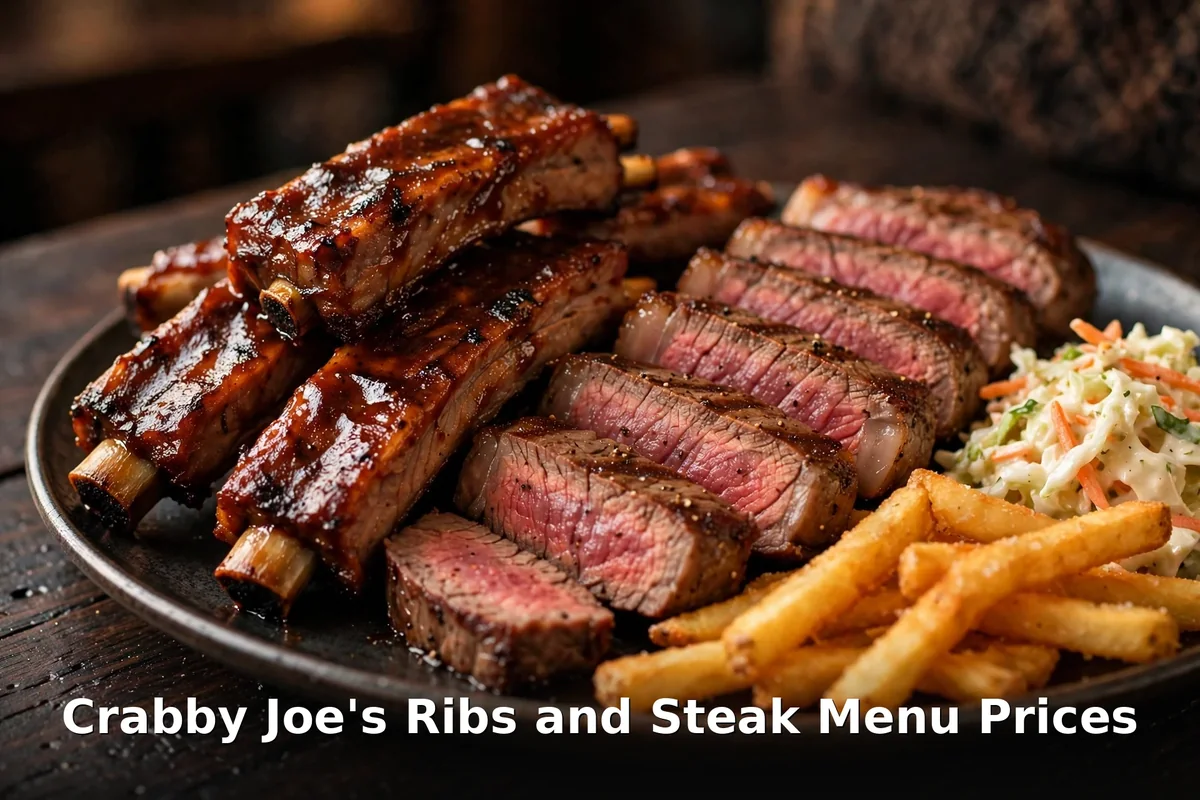 Crabby Joe's ribs and steak menu prices: saucy back ribs and sliced striploin with fries and coleslaw, crabby joe's wing prices and crabby joe's rib prices