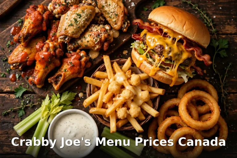 AI-generated pub food photo with PIL text overlay, crabby joe's menu prices canada 2026